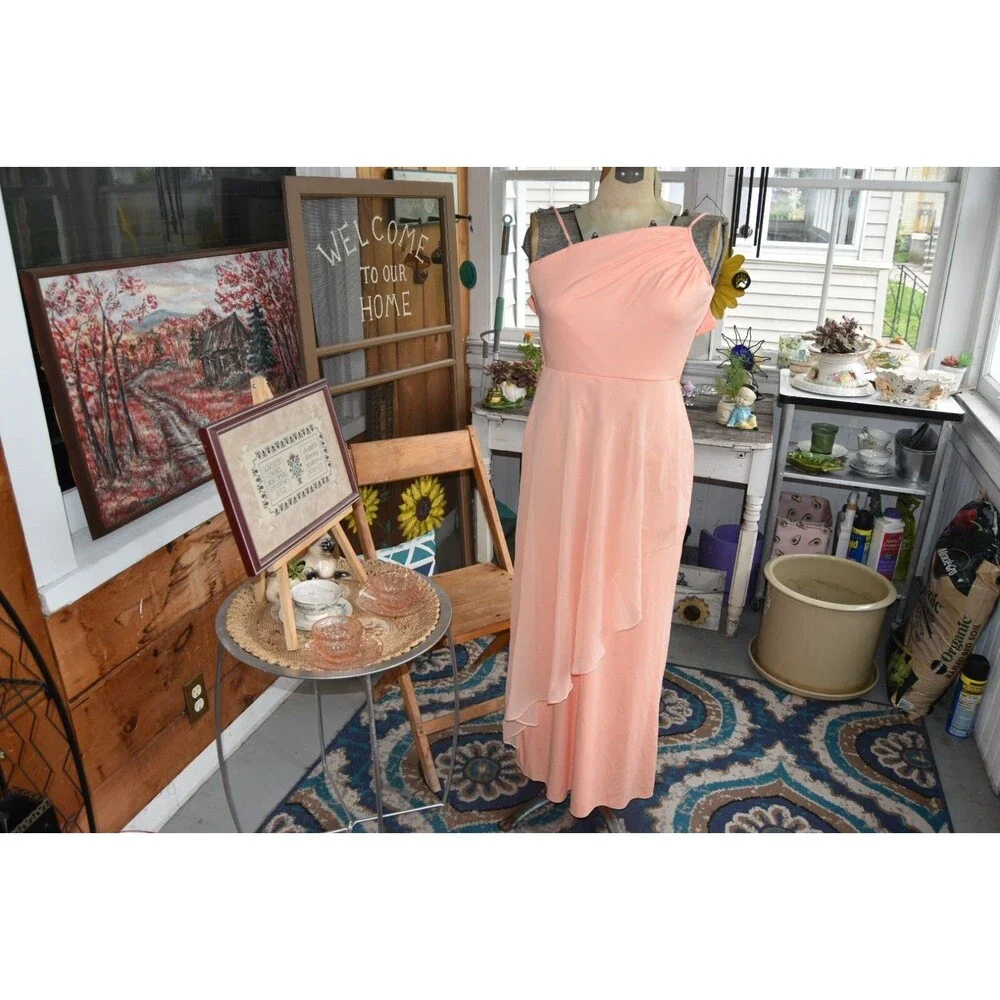 70s Spaghetti Strap Gown with Matching Wrap Roaman's Formal Peach - Size XS